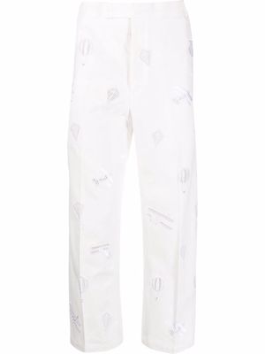 Thom Browne UNCONSTRUCTED BELTLOOP TROUSER - FIT 2 - W/ HALF DROP SKY ICONS IN BRODERIE ANGLAISE - White