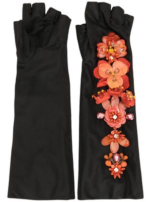 Biyan flower-embellished long satin fingerless gloves - Black