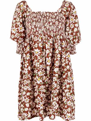 Rixo daisy-print square-neck mini dress - Brown