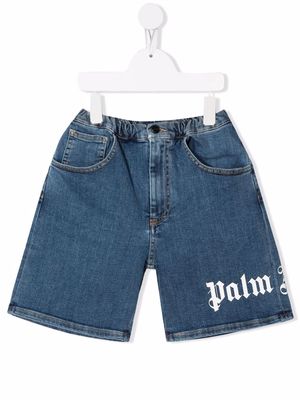 Palm Angels Kids logo-print denim shorts - Blue