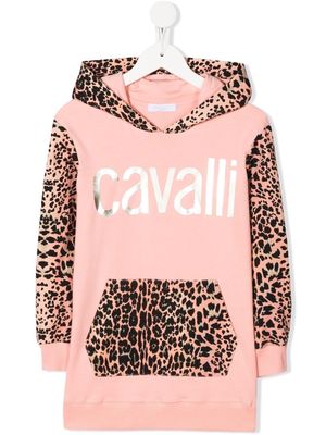 Roberto Cavalli Junior leopard-panel metallic logo hoodie - Pink