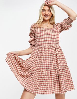 QED London square neck tiered midi smock dress in tan gingham-Brown