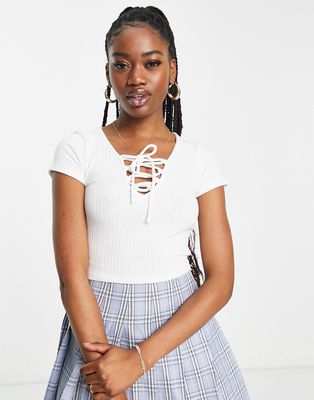 Stradivarius ribbed lace up T-shirt in ecru-White