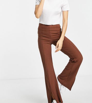 Pieces Petite split hem flared pants in brown