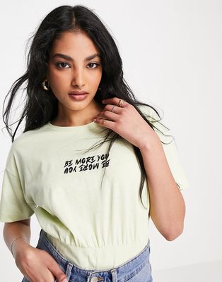 River Island corset detail slogan tee in lime-Green