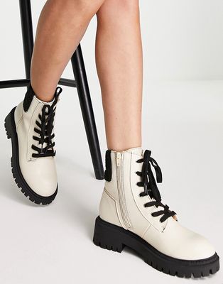 London Rebel chunky faux fur cuff ankle boots in cream-White
