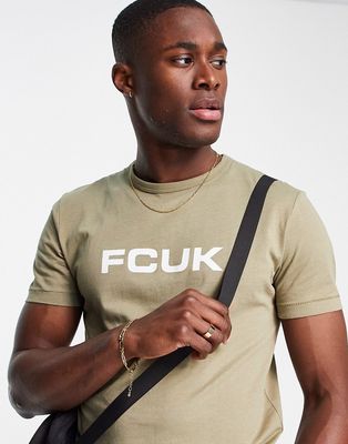 FCUK chest logo t-shirt in light khaki-Green