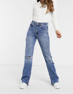Pull & Bear 90s straight leg jean with rips and split hem in blue