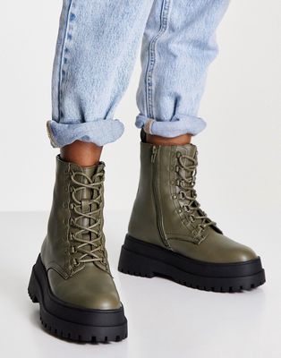 London Rebel super chunky lace up ankle boots in khaki-Green