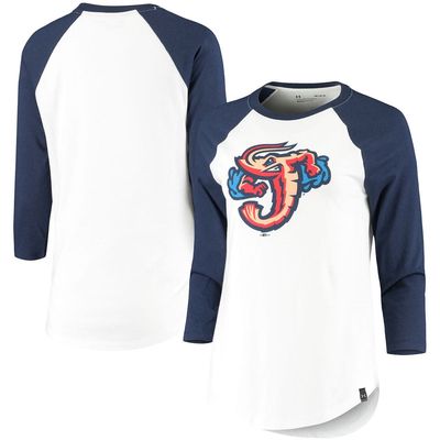 Women's Under Armour Navy/White Jacksonville Jumbo Shrimp Three-Quarter Sleeve Baseball T-Shirt