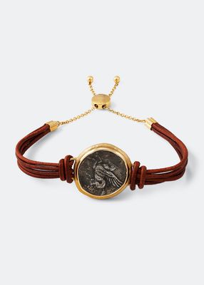 Men's 18K Yellow Gold Ancient Flying Pegasus Coin Leather Bracelet