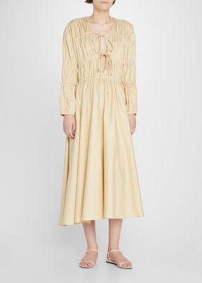 Lina Smocked Bodice Long-Sleeve A-Line Midi Dress