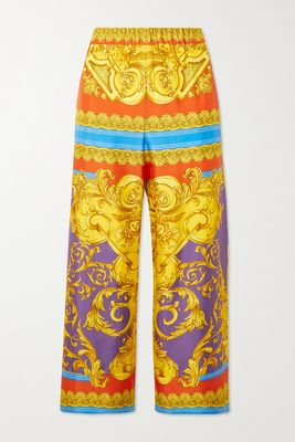 Versace - Cropped Printed Silk-satin Wide-leg Pants - Yellow
