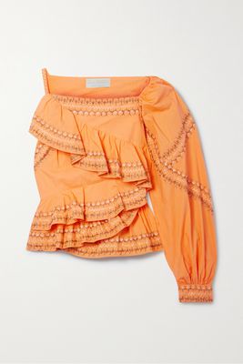 Ulla Johnson - Arjun One-sleeve Ruffled Embroidered Cotton-poplin Top - Orange