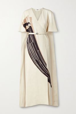 Fendi - Belted Cape-effect Printed Silk-crepe Maxi Dress - Black