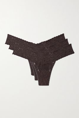 Hanky Panky - Signature Set Of Three Low-rise Stretch-lace Thongs - Brown
