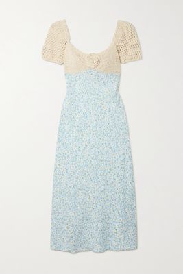 RIXO - Sardinia Open Back Crochet-knit And Floral-print Linen-blend Maxi Dress - Blue