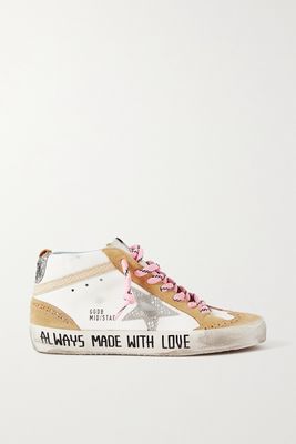 Golden Goose - Mid Star Distressed Glittered Leather And Suede Sneakers - Off-white