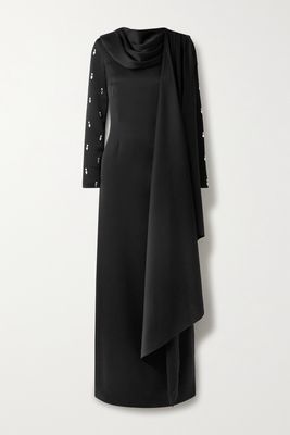RASARIO - Draped Crystal-embellished Hammered-satin Gown - Black