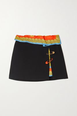 Versace - Embellished Layered Wrap-effect Silk-satin And Crepe Mini Skirt - Black