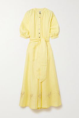 Àcheval Pampa - Argentina Belted Embroidered Linen Maxi Shirt Dress - Yellow