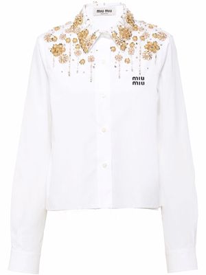 Miu Miu floral-embellished cotton poplin shirt - White