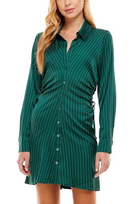 WAYF Daniela Side Cutout Long Sleeve Shirtdress in Forest Green Pinstripe