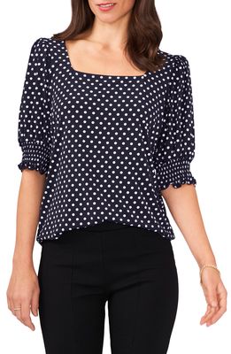 Chaus Square Neck Smocked Sleeve Blouse in Navy/White