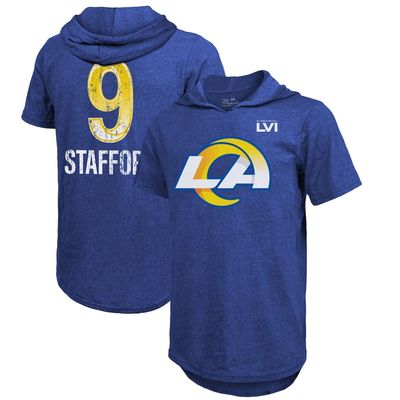 Men's Majestic Threads Matthew Stafford Royal Los Angeles Rams Super Bowl LVI Name & Number Short Sleeve Hoodie T-Shirt