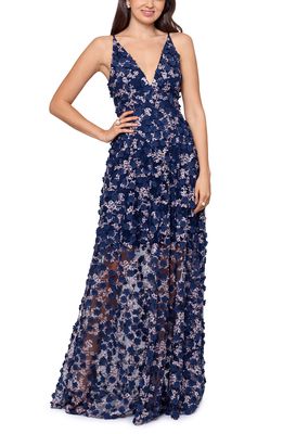 Xscape 3D Floral Sleeveless Gown in Navy/Blush