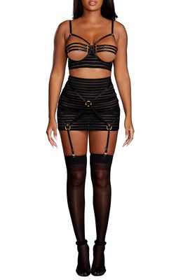 Dreamgirl Strappy Underwire Bustier & Garter Skirt Set in Black