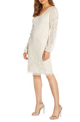Adrianna Papell Beaded Long Sleeve Cocktail Sheath Dress in Ivory/Pearl