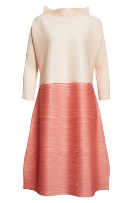 Pleats Please Issey Miyake Swing Pleated Colorblock A-Line Dress in Ivory Pink
