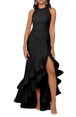 Betsy & Adam Ruffle Halter Crepe Gown in Black