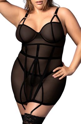 Mapale Underwire Mesh Chemise & Thong Set in Black