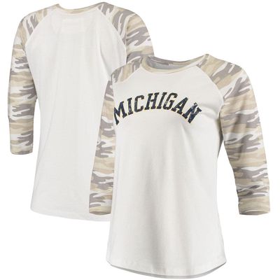 CAMP DAVID Women's White/Camo Michigan Wolverines Boyfriend Baseball Raglan 3/4 Sleeve T-Shirt