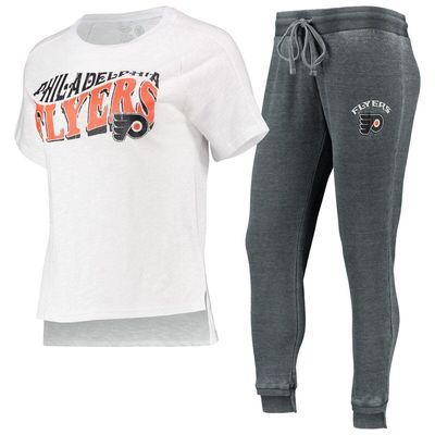 Women's Concepts Sport Charcoal/White Philadelphia Flyers Resurgence Slub Burnout Raglan T-Shirt & Joggers Sleep Set