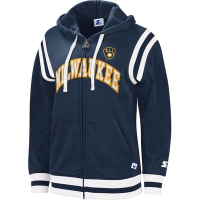 Women's Starter Navy Milwaukee Brewers Vintage Full-Zip Hoodie