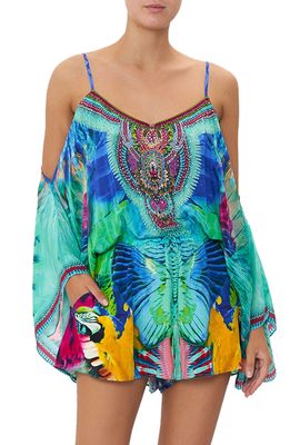 Camilla Embellished Cold Shoulder Silk Cover-Up Romper in Age Of Asteria