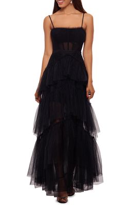 Betsy & Adam Tiered Tulle Ruffle Gown in Black