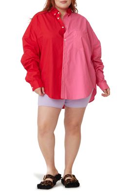 BLANCA Henrietta Oversize Colorblock Cotton Shirt in Pink Red