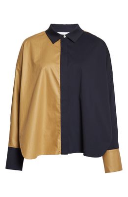 Partow Women's Theo Colorblock Cotton Poplin Shirt in Midnight Caramel