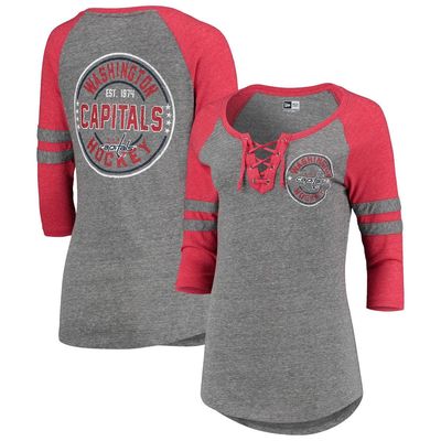 5TH AND OCEAN BY NEW ERA Women's 5th & Ocean by New Era Heathered Gray Washington Capitals Lace Stripes Raglan Half-Sleeve Tri-Blend T-Shirt in