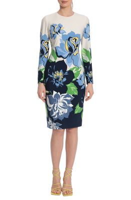 Maggy London Floral Long Sleeve Sheath Dress in Ivory/French Blue Beige