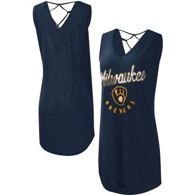 Women's G-III 4Her by Carl Banks Navy Milwaukee Brewers Game Time Slub Beach V-Neck Cover-Up Dress