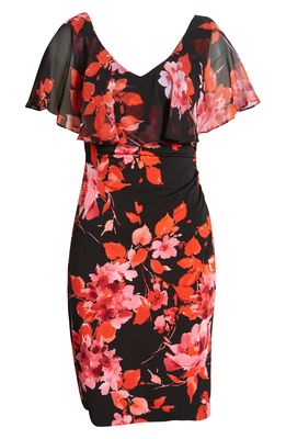 Connected Apparel Floral Print Cape Dress in Mandarin