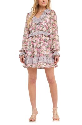 Free the Roses Mixed Floral Ruffle Long Sleeve Dress in Pink