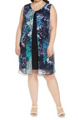 Connected Apparel Floral Chiffon Overlay Sleeveless Midi Dress in Peacock