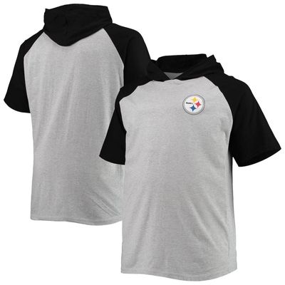 PROFILE Men's Heathered Gray/Black Pittsburgh Steelers Big & Tall Raglan Short Sleeve Pullover Hoodie in Heather Gray