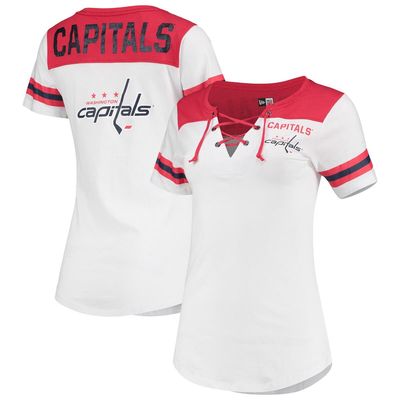 5TH AND OCEAN BY NEW ERA Women's 5th & Ocean by New Era White Washington Capitals Stripes Lace-Up T-Shirt